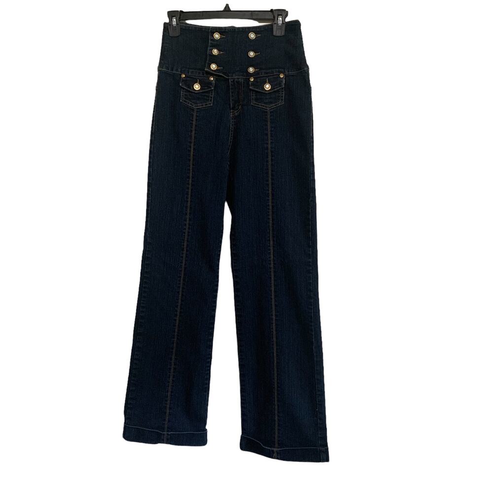 Drama Gold Womens Jeans Size 9 High Rise Cuffed Flared Jeans Tummy Slimming.